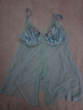 Secret Treasures Light Blue Sheer Lace Chemise with Floral Accents